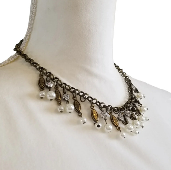 Brass, Pearl and Crystal Dangle Costume Jewelry - Picture 3 of 4